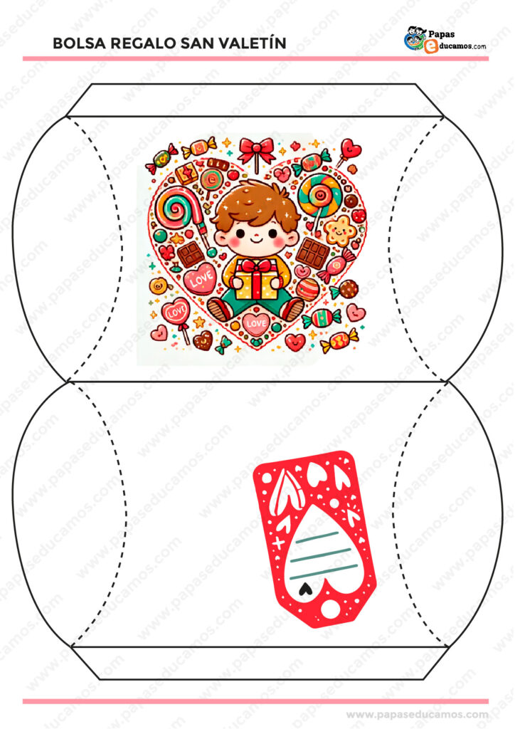 Plantilla de bolsa de regalo para San Valentín con un diseño de un niño sosteniendo un regalo dentro de un corazón, rodeado de caramelos y dulces, lista para imprimir y personalizar.