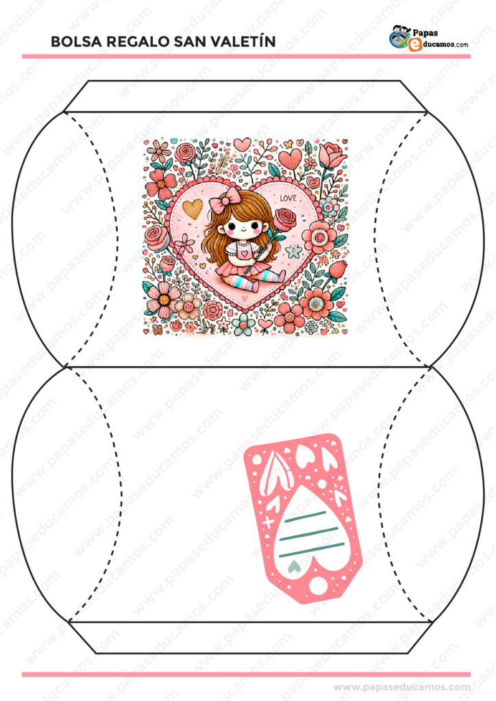 Plantilla de bolsa de regalo para San Valentín con un diseño de una niña sosteniendo una rosa dentro de un corazón decorado con flores, ideal para imprimir y personalizar.