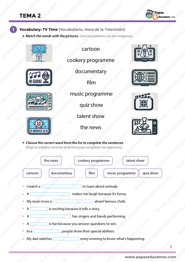 Primera página del Tema 2 para cuarto de primaria inglés, basado en el libro GO! 4 Richmond. Contiene actividades de vocabulario sobre programas de televisión como cartoon, documentary, music programme, y ejercicios para completar frases relacionadas con estos términos.
