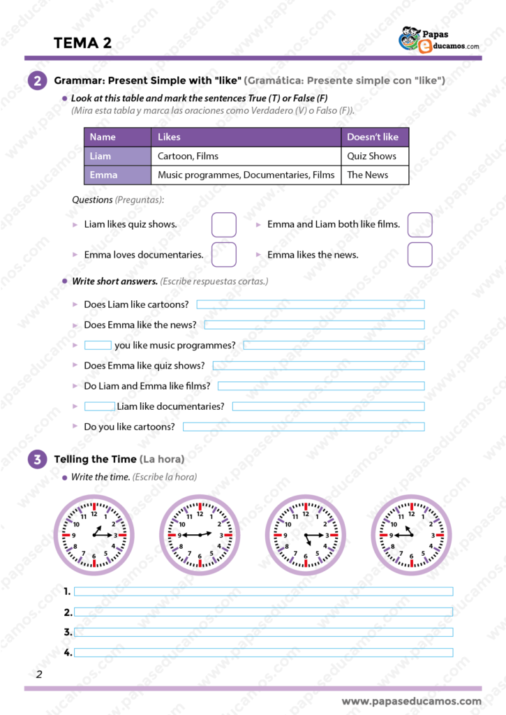 Segunda página del Tema 2 para cuarto de primaria inglés, basado en el libro GO! 4 Richmond. Incluye ejercicios de gramática con el presente simple y 'like', preguntas de comprensión y actividades para escribir respuestas cortas.