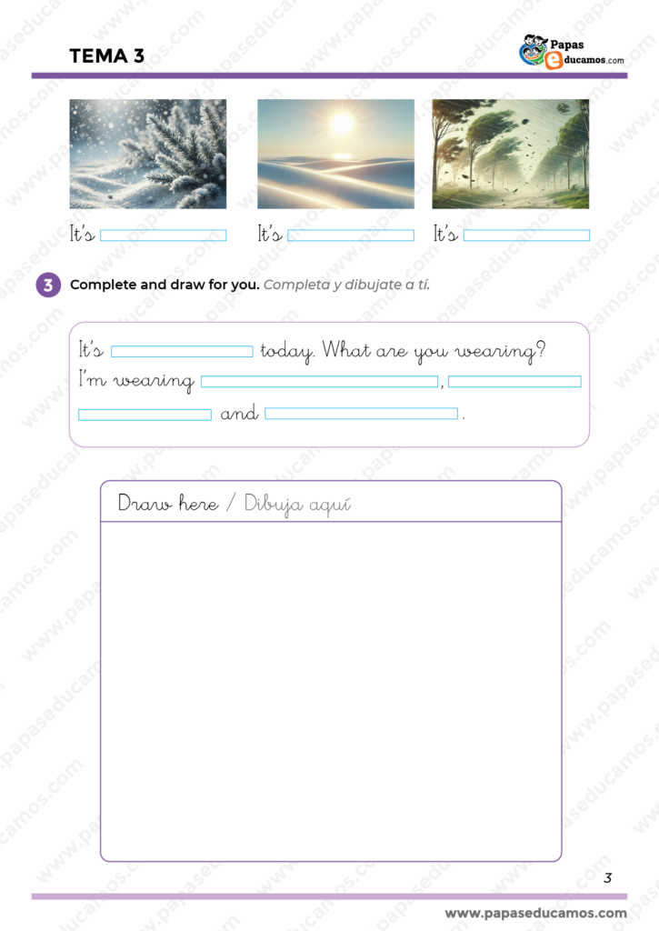 Ejercicio sobre el clima y la ropa en inglés para segundo de primaria. Incluye vocabulario como sunny, windy, y actividades de dibujo y escritura.