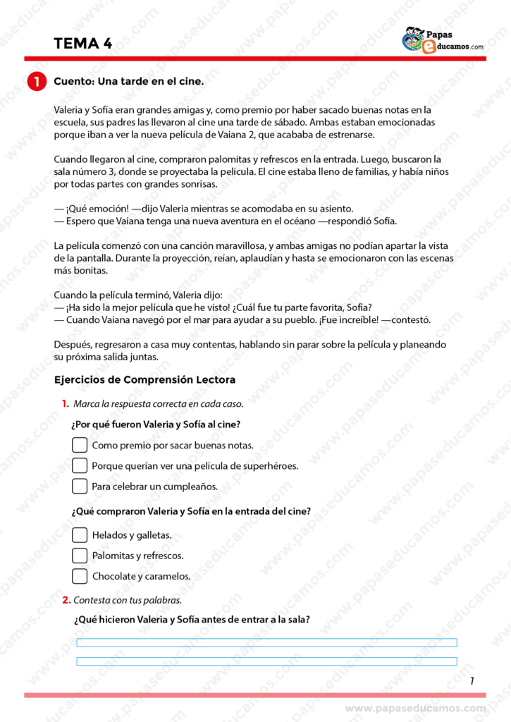 Ejercicios del Tema 4 de Lengua Castellana para Segundo de Primaria. Incluye una lectura titulada 'Una tarde en el cine' y preguntas de comprensión lectora relacionadas con el texto.