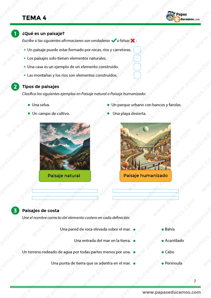 Actividad didáctica para describir paisajes usando adjetivos y vocabulario relacionado con el tema 'Los Paisajes' en conocimiento del medio.