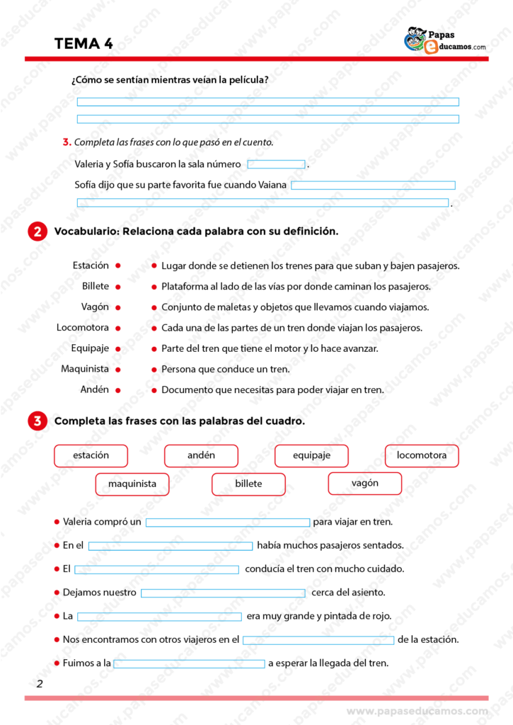 Ejercicios del Tema 4 de Lengua Castellana para Segundo de Primaria. Actividades para completar frases basadas en el texto, relacionar vocabulario con sus definiciones y practicar palabras en contextos específicos.
