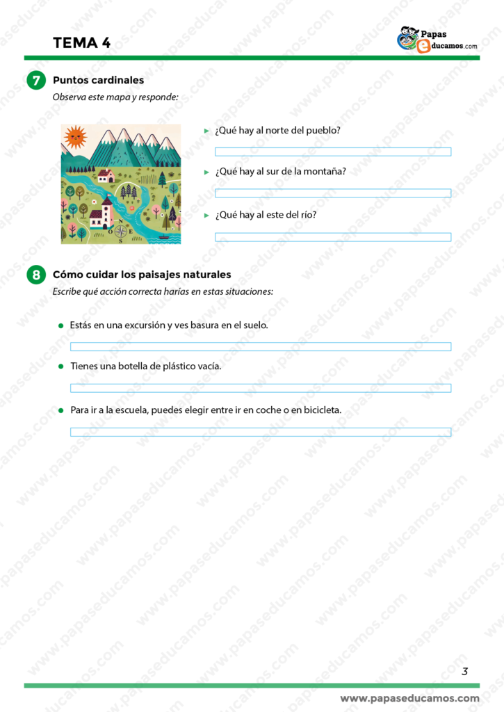 Mapa interactivo para localizar y clasificar paisajes naturales y humanizados, diseñado para estudiantes de segundo de primaria.