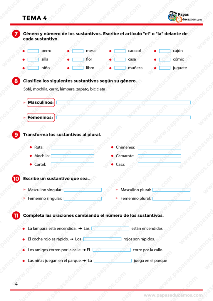 Ejercicios del Tema 4 de Lengua Castellana para Segundo de Primaria. Actividades para identificar género y número de sustantivos, clasificar sustantivos por género, transformar sustantivos al plural y escribir sustantivos en masculino y femenino.
