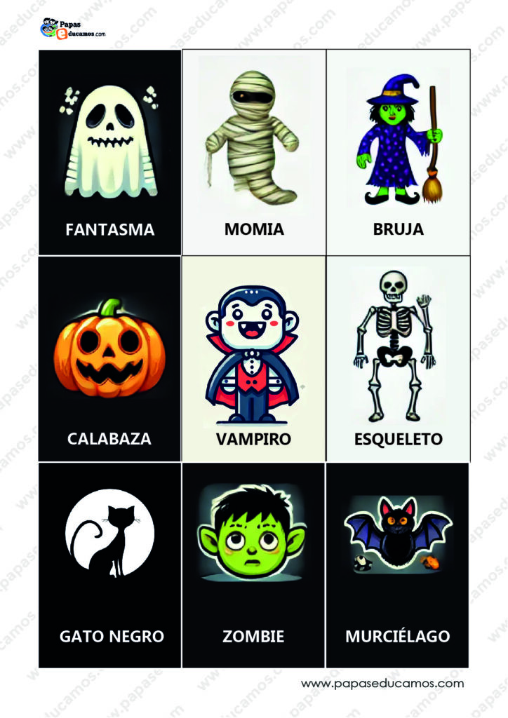 Cartas de mímica para Halloween con ilustraciones de un sapo saltando, un espantapájaros, una linterna, Frankenstein, una cueva oscura, un sombrero de bruja, una poción mágica, un duende y un ratón asustado.