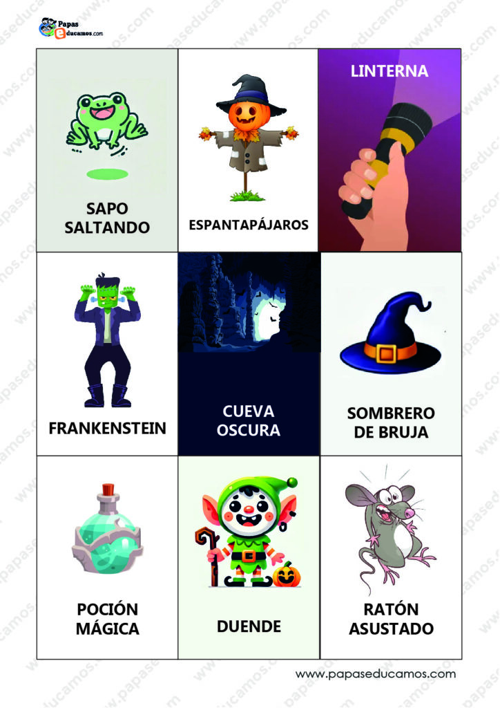 Cartas de mímica para Halloween con ilustraciones de un hombre lobo transformándose, un monstruo del pantano y un castillo embrujado.