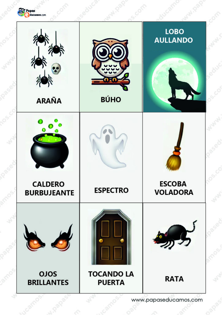 Cartas de mímica para Halloween con ilustraciones de una araña, un búho, un lobo aullando, un caldero burbujeante, un espectro, una escoba voladora, ojos brillantes, una puerta y una rata.