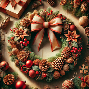 Coronas navideñas hechas a mano con piñas, lazos y adornos festivos