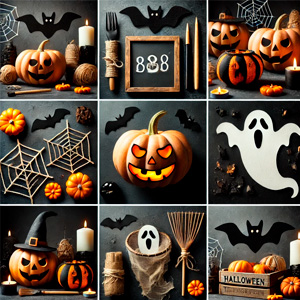 Decoraciones terroríficas para Halloween, como calabazas, murciélagos y fantasmas hechos a mano