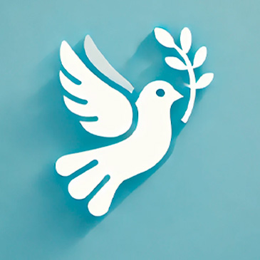Icono minimalista del Día de la Paz con una paloma blanca sosteniendo una rama de olivo sobre un fondo azul suave. Diseño limpio y moderno con líneas suaves y una paleta de colores armoniosa.