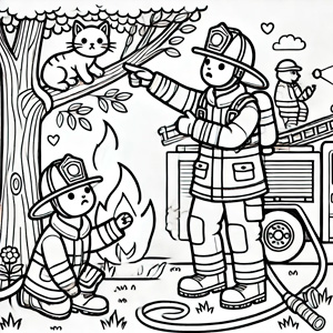dibujo-bomberos Dibujo en blanco y negro de un bombero apagando un incendio y rescatando un animal, diseñado para colorear.