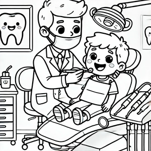 dibujo-dentista Dibujo en blanco y negro de un dentista revisando los dientes de un niño, con herramientas dentales en el fondo, diseñado para colorear.