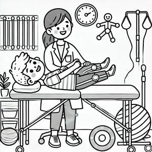 dibujo-fisio Dibujo en blanco y negro de un fisioterapeuta ayudando a un niño en una camilla, con herramientas de rehabilitación alrededor, diseñado para colorear.