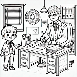 dibujo-notaria Dibujo en blanco y negro de un notario firmando documentos importantes, con un cliente en la oficina, diseñado para colorear.