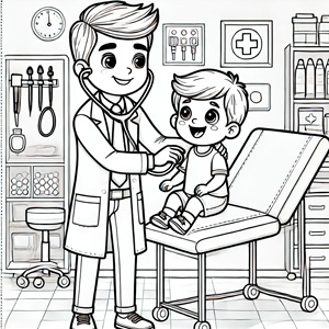 dibujo-pediatria Dibujo en blanco y negro de un pediatra atendiendo a un niño en una consulta médica, diseñado para colorear.