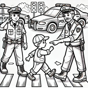 dibujo-policia Dibujo en blanco y negro de un policía ayudando a un niño a cruzar la calle y patrullando, diseñado para colorear.