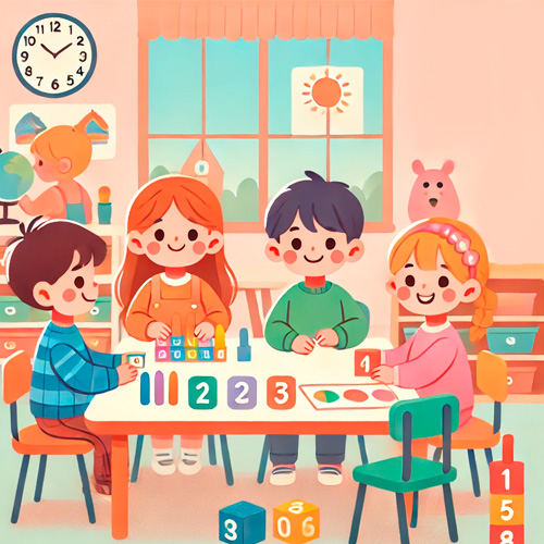 img-Resúmenes-y-Fichas-Educativas Ilustración de una clase infantil con cuatro niños jugando a un juego de contar, utilizando tarjetas y recursos educativos coloridos en un ambiente alegre y amigable. Ideal para actividades de Resúmenes y Fichas Educativas.