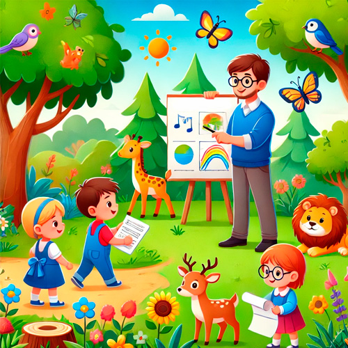 img-cabcera-segundo-primaria-cono Una ilustración educativa vibrante y colorida que muestra a niños explorando la naturaleza con una maestra. Ideal para la sección de actividades relacionadas con el entorno natural para segundo de primaria conocimiento del medio
