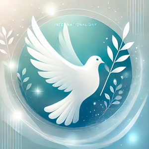 img-cabecera-dia-la-paz Imagen de cabecera para el Día de la Paz con una paloma blanca sosteniendo una rama de olivo. Fondo azul con efectos de luz y elementos abstractos que simbolizan la armonía y la unidad.