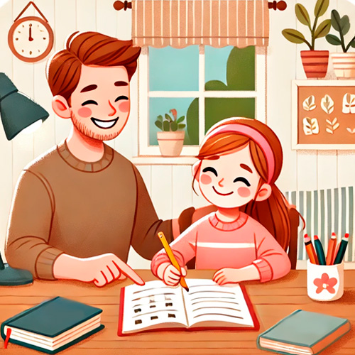 img-cabecera-lengua-segundo "Una niña haciendo ejercicios de lengua junto a su padre en un ambiente acogedor, con libros y cuadernos sobre la mesa. Representa una actividad educativa y familiar, ideal para Segundo de Primaria Lengua.