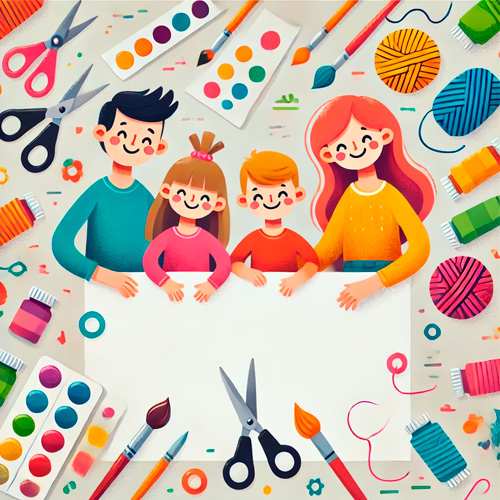 img-cabecera-manualidadades-y-proyectos-creativos Banner creativo con una familia (padres e hijos) disfrutando de actividades de manualidades, con materiales coloridos como tijeras, pinceles y lana, sobre un fondo simple y alegre. Ideal para promover manualidades y proyectos creativos.
