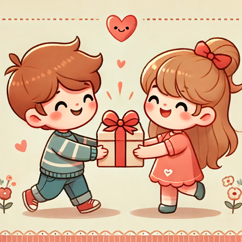 img-cabecera-san-valentin "Ilustración adorable de dos niños intercambiando un regalo, con sonrisas alegres y un ambiente festivo decorado con corazones y detalles simples de San Valentín.