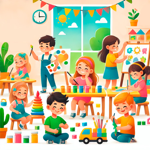 img_cabecera_Actividades-creativas-que-fomentan-el-Aprendizaje Niños participando en actividades creativas que fomentan el aprendizaje, como pintar, construir con bloques y colorear, en un entorno alegre lleno de materiales educativos. Ideal para inspirar la creatividad y el desarrollo en un aula decorada con colores vivos.