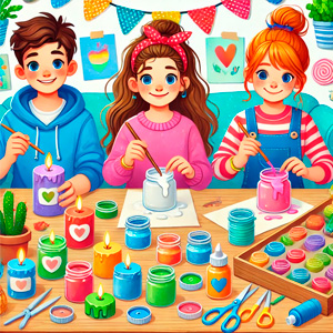 manualidades-adolescentes Ilustración colorida de adolescentes haciendo manualidades como velas aromáticas y decorando frascos, en un entorno acogedor y lleno de herramientas creativas.