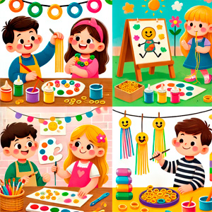 manualidades-infantil Ilustración colorida de niños de 3 a 6 años haciendo manualidades, como collares de pasta pintada y pintura con esponjas, en un ambiente divertido y creativo.