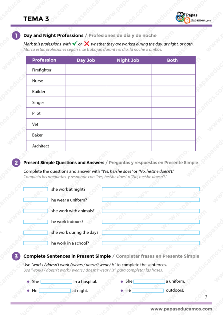 Ejercicio de inglés sobre profesiones y horarios de trabajo para niños de cuarto de primaria. Actividad para marcar trabajos de día y de noche. Basado en el libro GO! 4 Richmond.