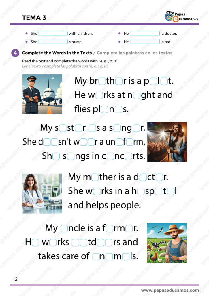 Ejercicio de presente simple en inglés para niños. Preguntas y respuestas sobre profesiones con imágenes ilustrativas. Basado en el libro GO! 4 Richmond.