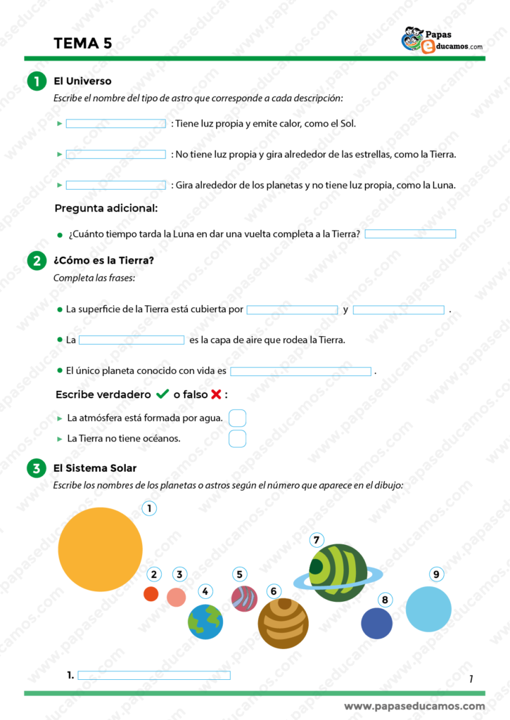 Ejercicios sobre el Universo, la Tierra y el Sistema Solar para niños. Incluye actividades para identificar astros como estrellas, planetas y satélites, además de completar frases sobre la Tierra y responder preguntas sobre su composición.
