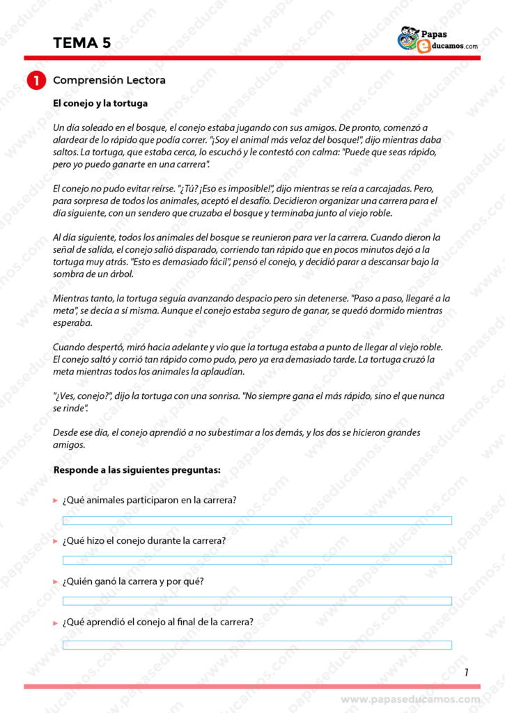 Página de ejercicios de comprensión lectora del Tema 5 de Lengua para segundo de primaria, basado en el libro de Lengua Castellana de la editorial Santillana, Proyecto Construyendo Mundos. Contiene la fábula 'El conejo y la tortuga' con preguntas de comprensión para trabajar valores como la perseverancia y el esfuerzo.