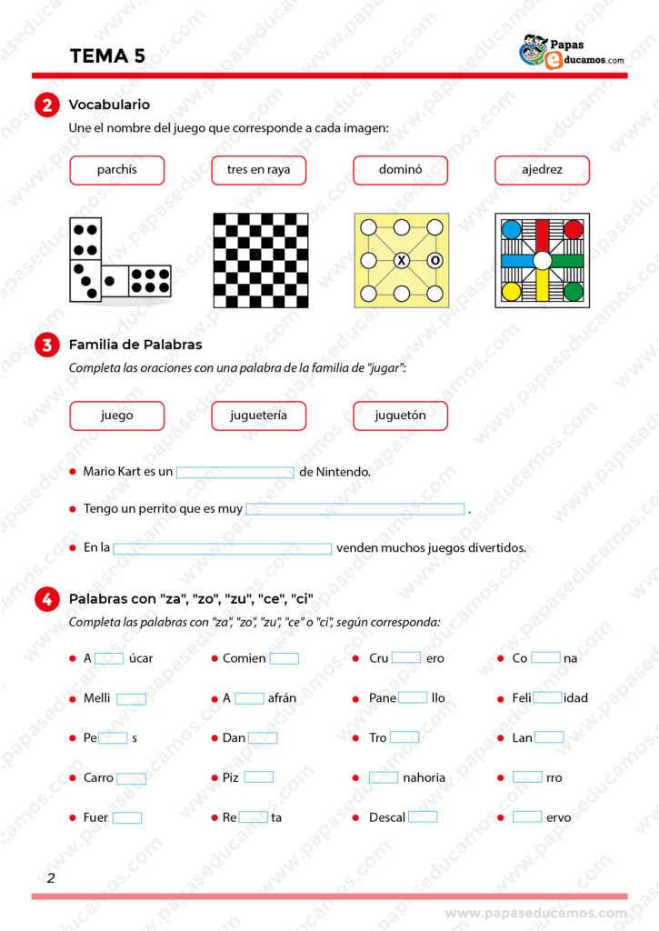 Página de vocabulario y ortografía del Tema 5 de Lengua para segundo de primaria. Incluye ejercicios de asociación de imágenes con nombres de juegos tradicionales como parchís, dominó y ajedrez, además de actividades para completar palabras con la familia de 'jugar' y practicar ortografía con 'za', 'zo', 'zu', 'ce' y 'ci'.