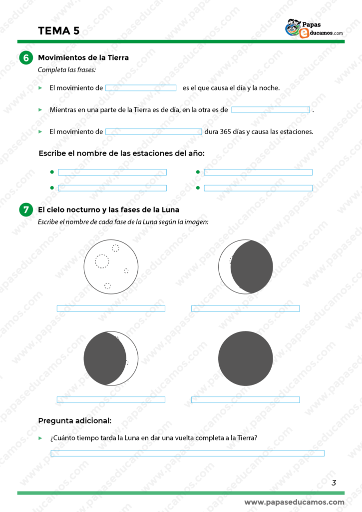 Ejercicios sobre los movimientos de la Tierra y las estaciones del año. Incluye actividades para completar frases sobre la rotación y traslación, identificar las fases de la Luna y responder preguntas sobre su ciclo.