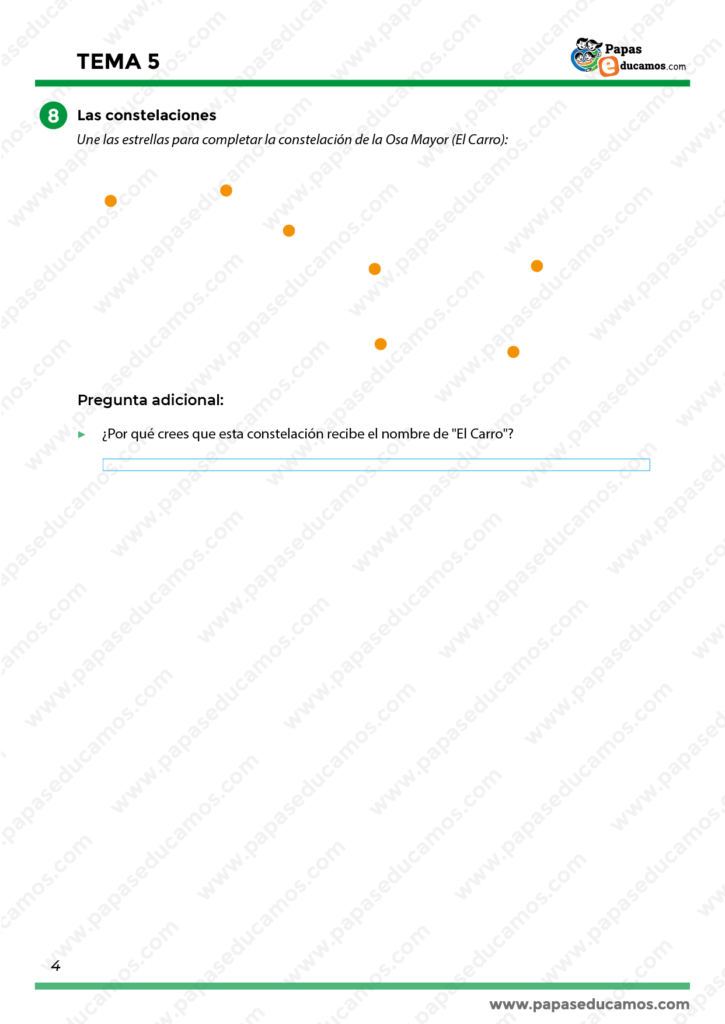 Ejercicio de reconocimiento de constelaciones. Actividad para unir estrellas y formar la Osa Mayor (El Carro), además de responder preguntas sobre su nombre y significado en el cielo nocturno.