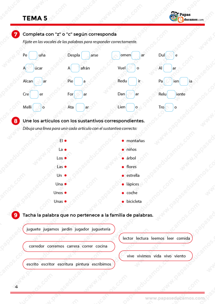 Página de ejercicios de ortografía y gramática del Tema 5 de Lengua para segundo de primaria. Incluye actividades para completar palabras con 'z' o 'c', unir artículos con sustantivos correspondientes y seleccionar palabras que no pertenecen a una misma familia léxica.