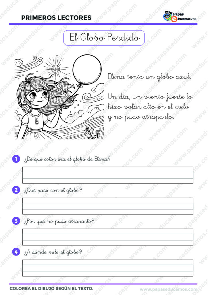 Relato corto para niños sobre una niña y su globo azul que se pierde en el cielo. Preguntas y dibujo para colorear.