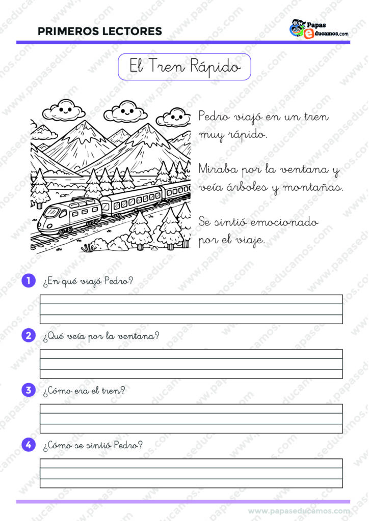Ejercicio de lectura infantil sobre un niño viajando en un tren veloz. Preguntas de comprensión y dibujo para colorear.