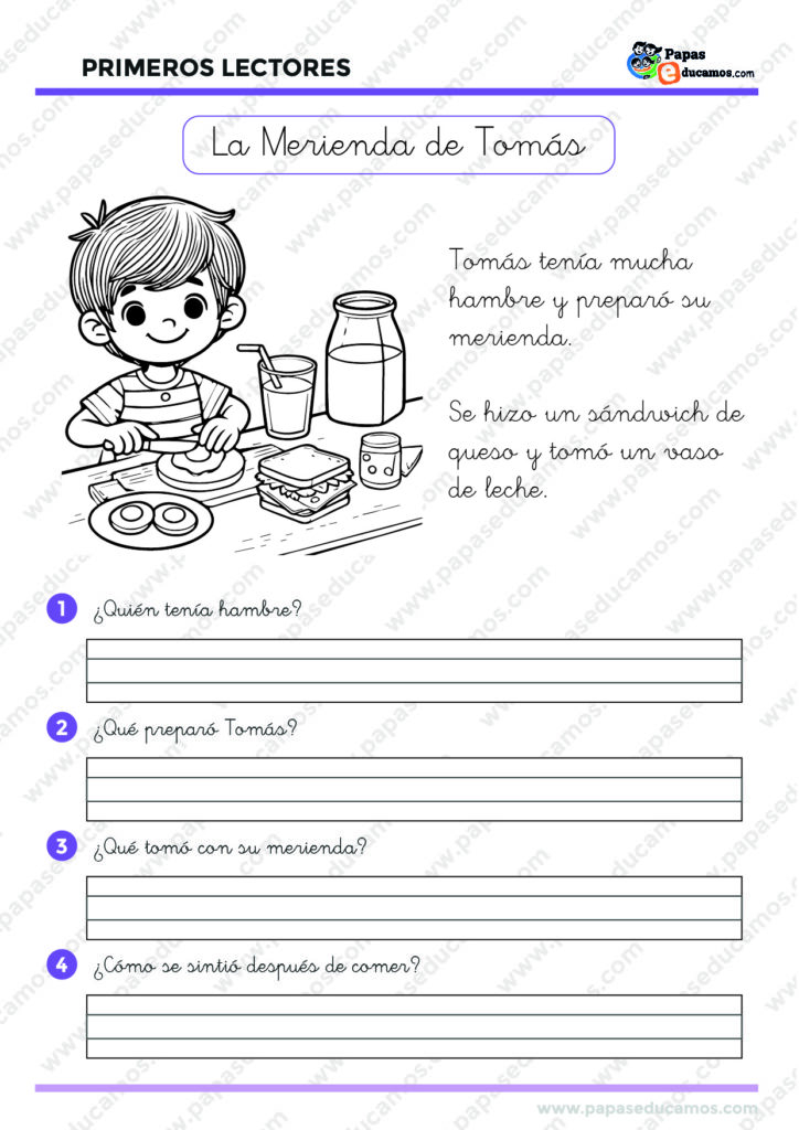 Ficha Montessori con historia de un niño preparando su merienda. Incluye preguntas de comprensión y una imagen para colorear.
