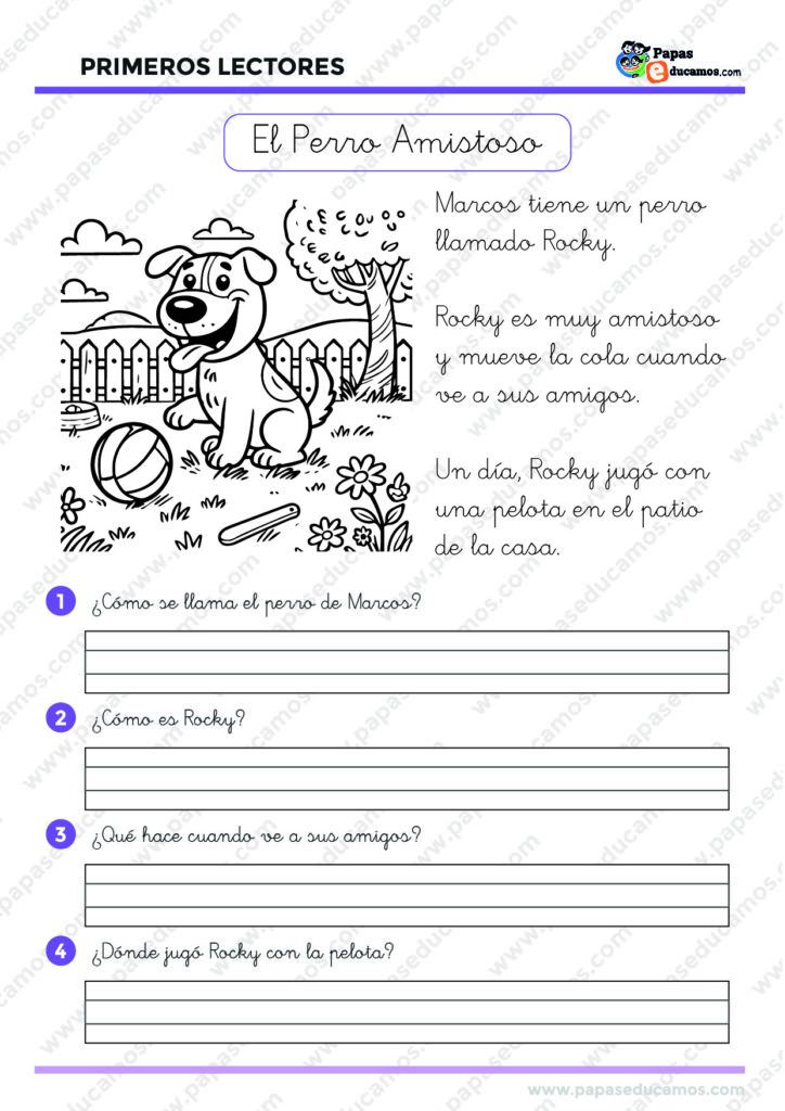 Ejercicio Montessori de comprensión lectora con preguntas y actividad de coloreo. Relato breve sobre Rocky, un perro juguetón.