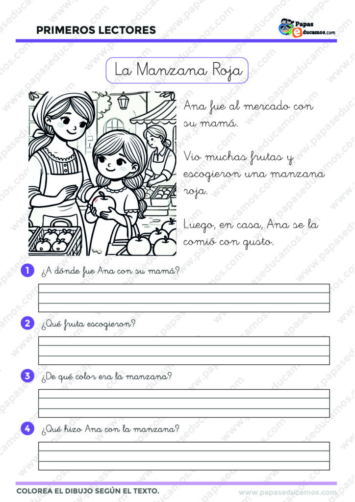 Ficha de comprensión lectora con enfoque Montessori. Relato corto sobre una niña que compra una manzana roja, con preguntas y actividad de colorear.
