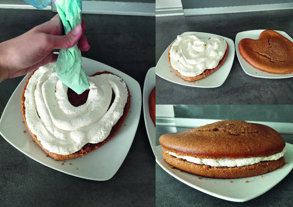  Aplicación del relleno de nata montada en el bizcocho en forma de corazón con una manga pastelera, cubriendo toda la superficie.