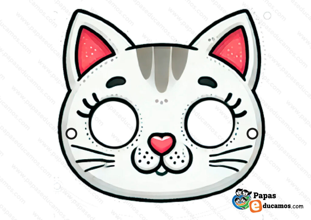 Máscara de gato para disfraces de Carnaval. Diseño tierno con orejas puntiagudas, bigotes y nariz rosada. Ideal para niños y actividades creativas.