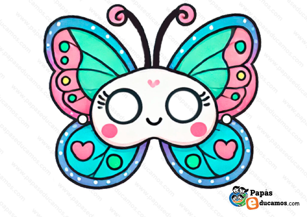 Máscara de mariposa colorida con alas decoradas y detalles brillantes. Ideal para Carnaval y disfraces temáticos.