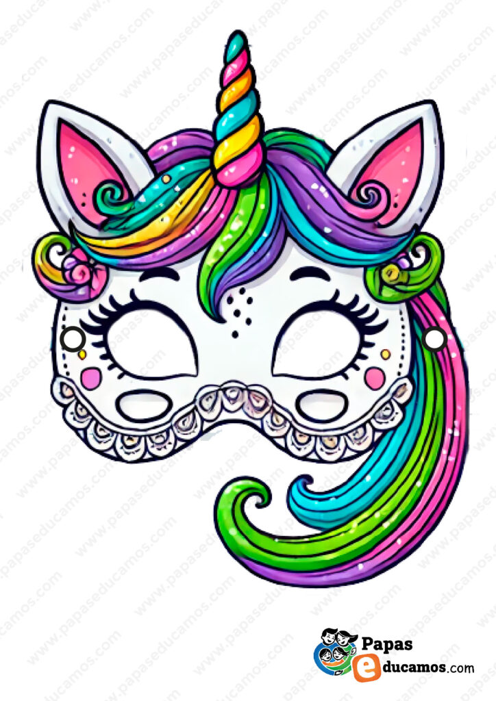 Máscara de unicornio con crin arcoíris y cuerno mágico. Diseño encantador para Carnaval y juegos de fantasía.