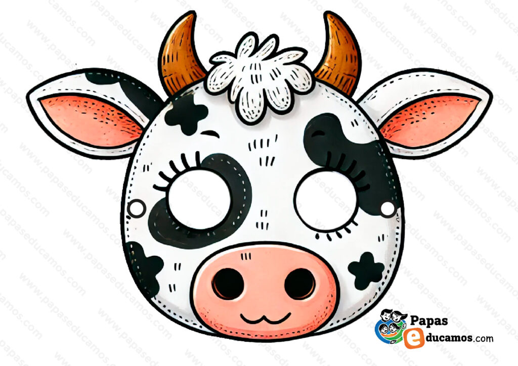 Máscara de vaca con manchas blancas y negras, orejas grandes y cuernos. Perfecta para fiestas temáticas y Carnaval."
