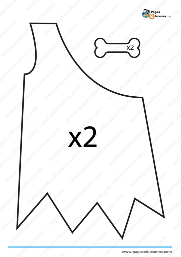 Molde o patrón para hacer un disfraz de troglodita infantil. Plantilla con diseño de vestimenta prehistórica y accesorio en forma de hueso para personalizar el disfraz.